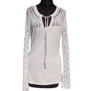 Cache White Peek A Boo Crochet Neck Sleeves Knit Top Key Hole Stretch NWT $98